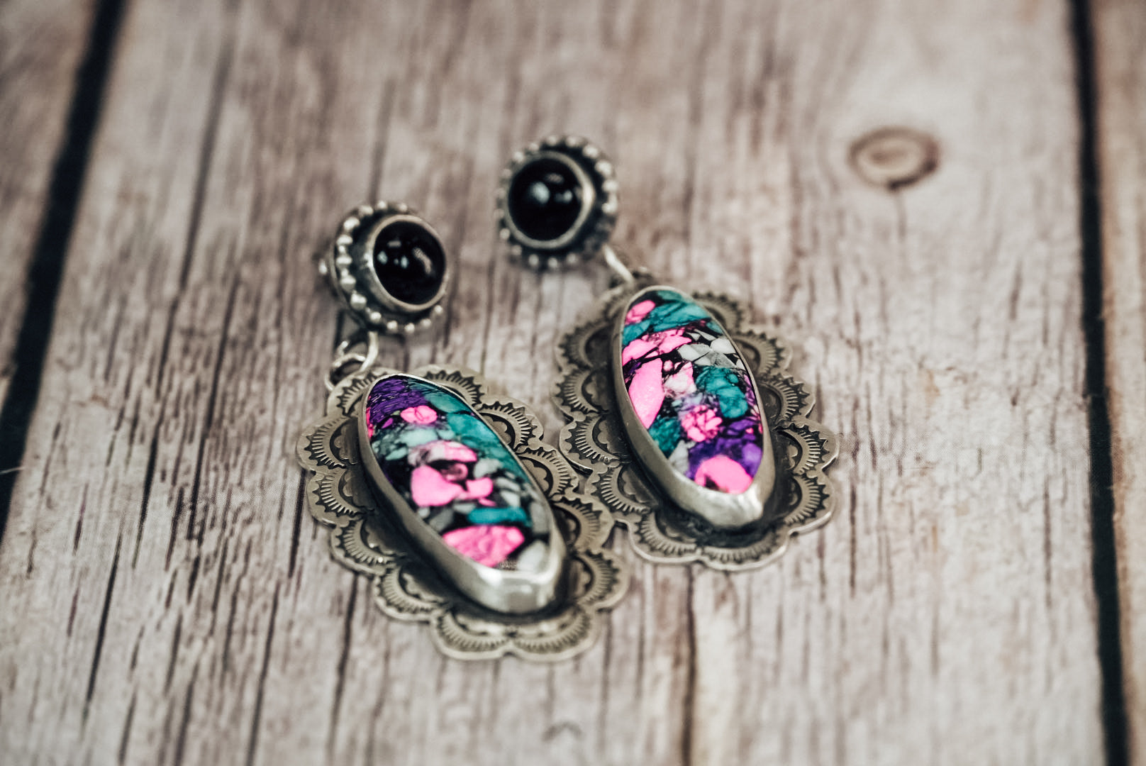 Handmade Sterling Silver Carnival Cotton Candy & Black Onyx Stud Earrings | Statement Dangle Earrings