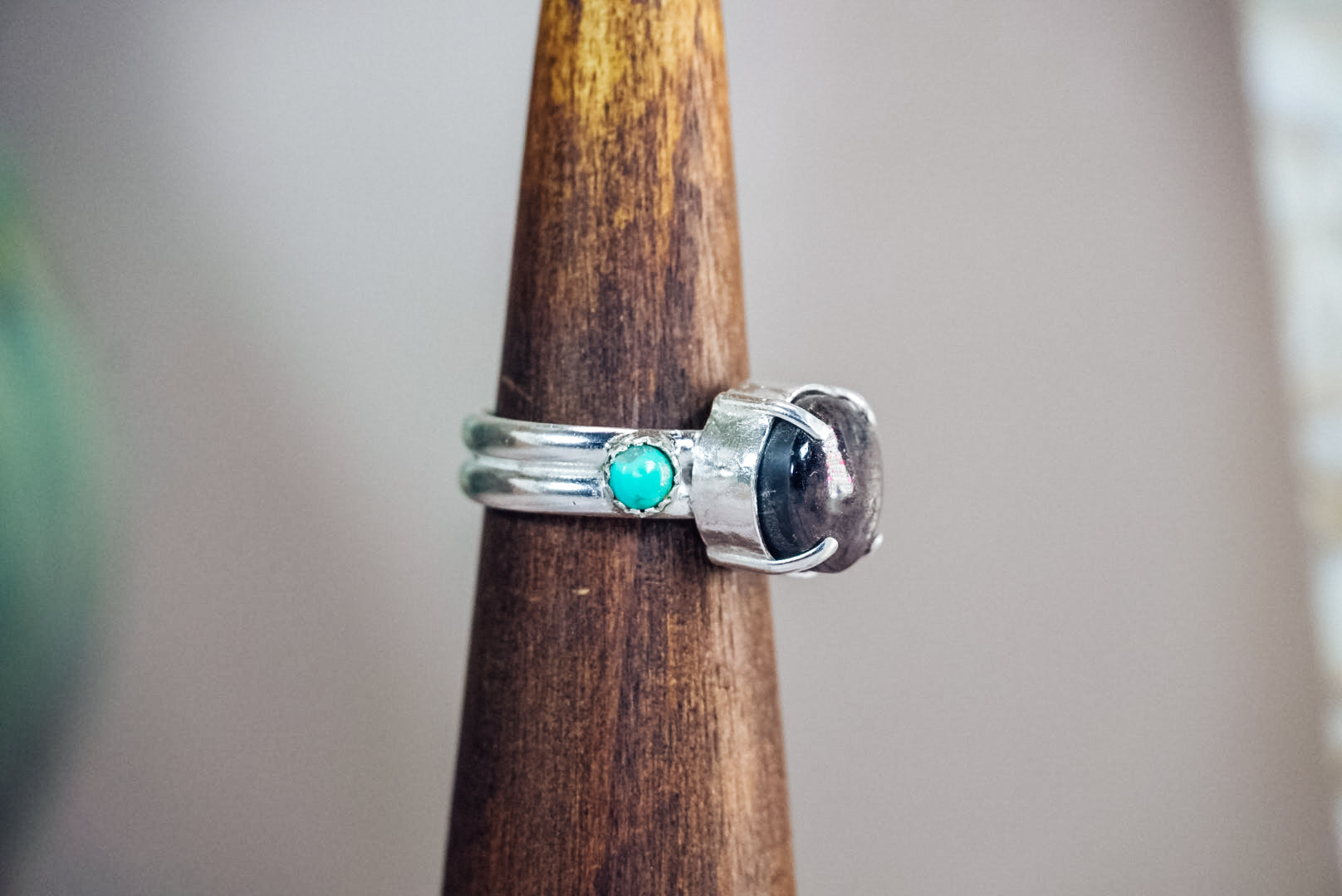 Handmade Sterling Silver Ring with Star Sapphire + Kingman Turquoise | Western Statement Ring | Size 8.5