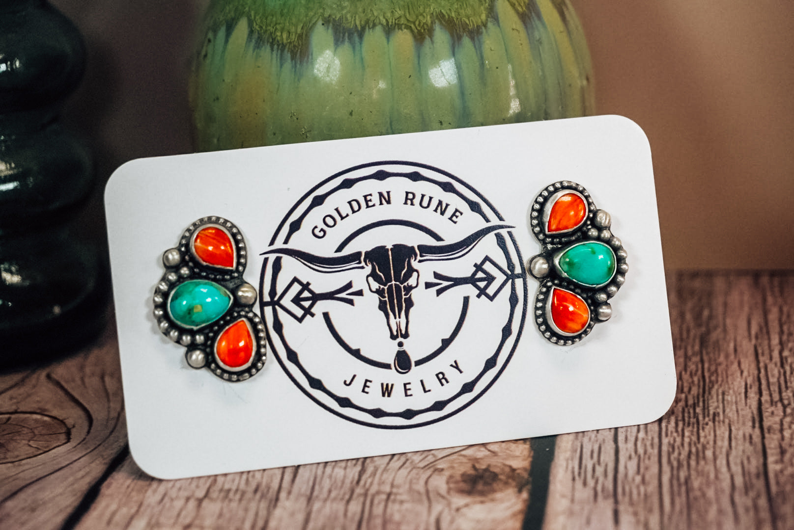 Handmade Sterling Silver Kingman Turquoise & Spiny Oyster Earrings | Western Statement Stud Earrings