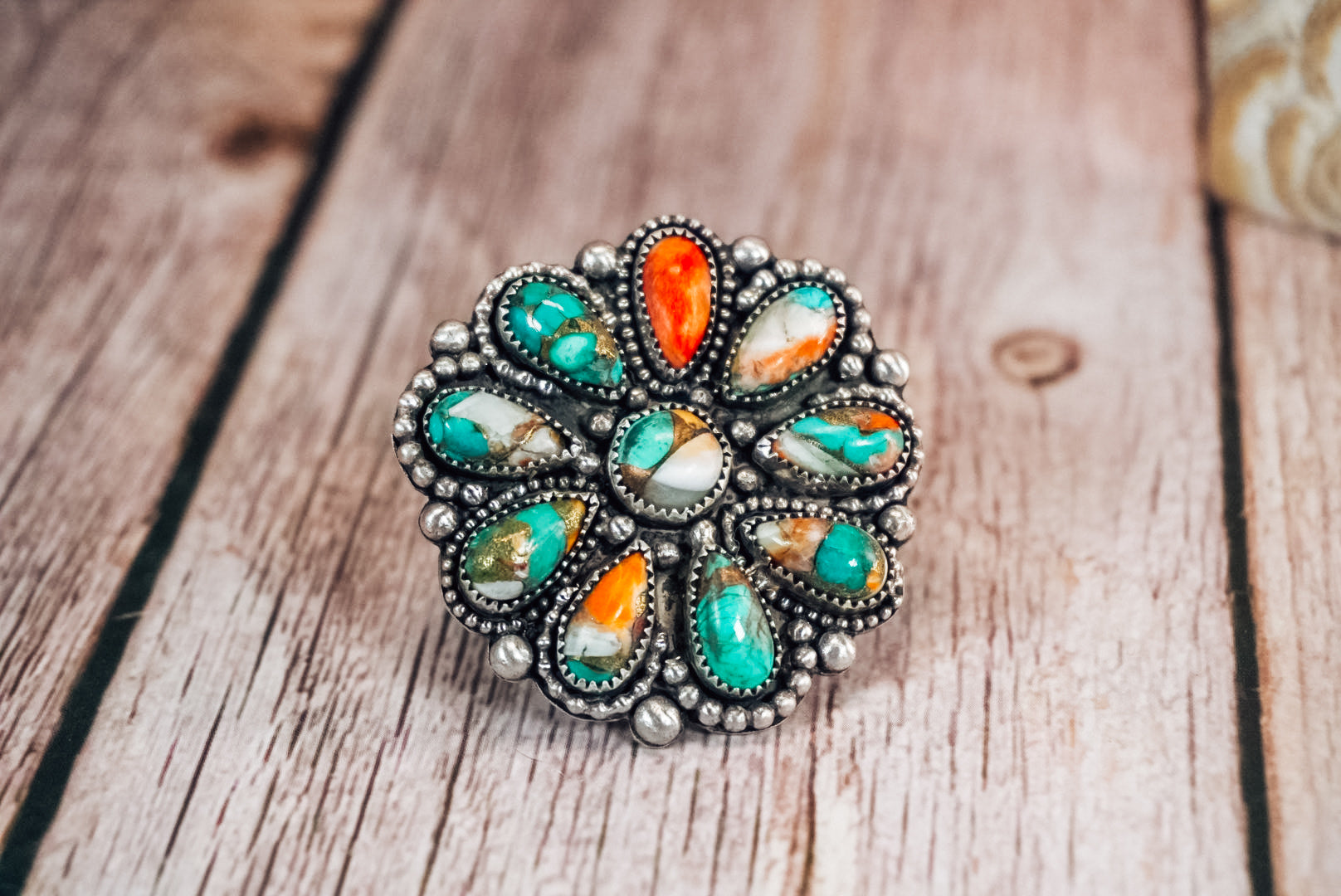 Handmade Sterling Silver Ring with Spiny Oyster & Turquoise | Western Statement Cluster Ring | Size Adjustable