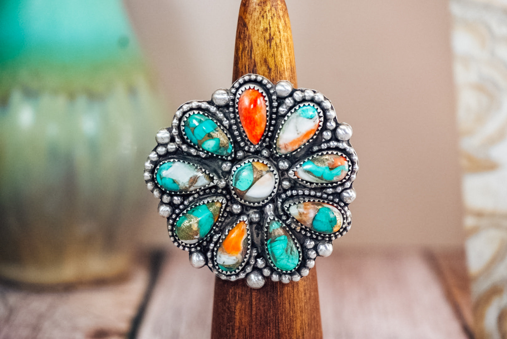 Handmade Sterling Silver Ring with Spiny Oyster & Turquoise | Western Statement Cluster Ring | Size Adjustable