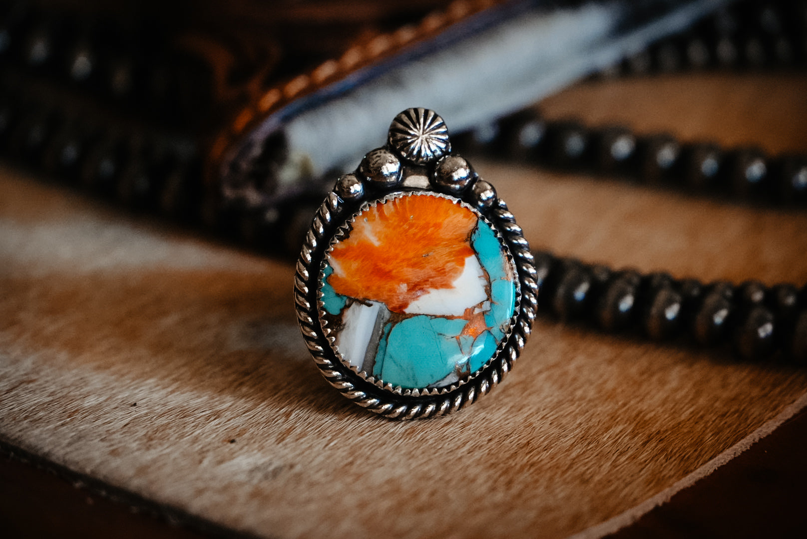 Handmade Sterling Silver Copper Spiny Oyster Turquoise Dahlia Ring | Western Stamped Statement Ring | Size Adjustable