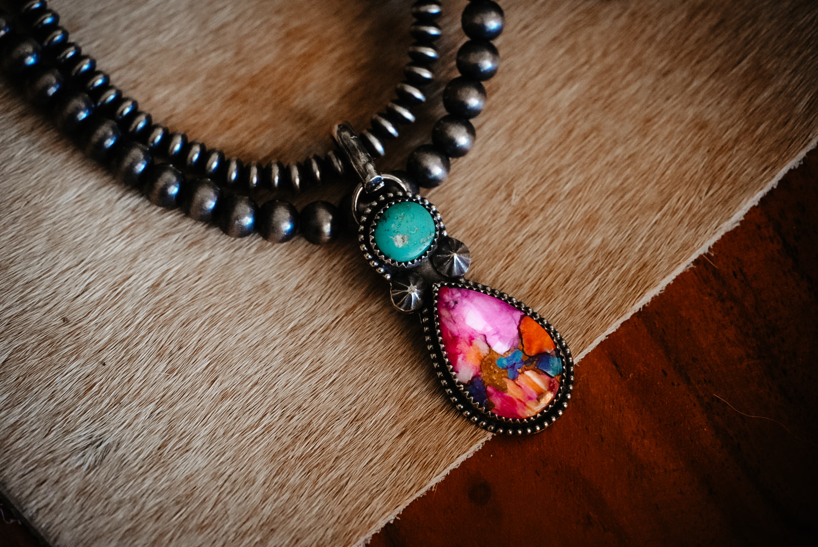 Handmade Sterling Silver Pink Dahlia Composite & Kingman Turquoise Pendant | Western Turquoise Statement Pendant