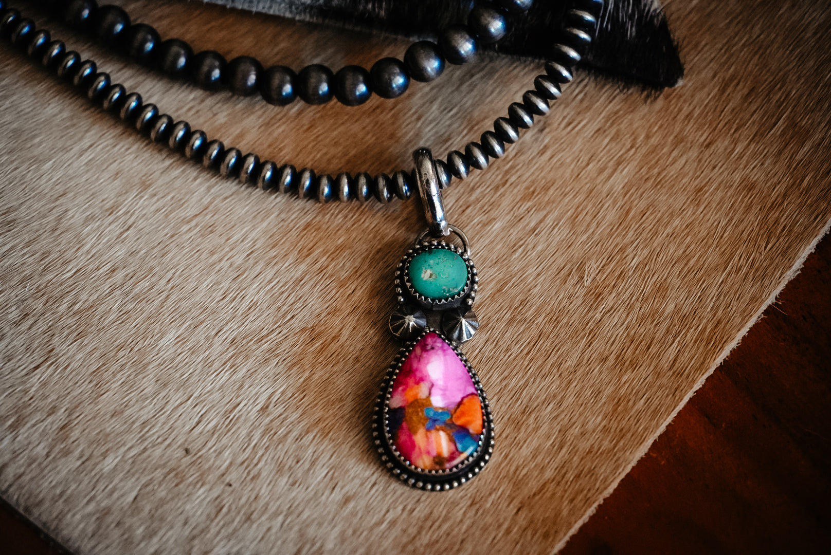 Handmade Sterling Silver Pink Dahlia Composite & Kingman Turquoise Pendant | Western Turquoise Statement Pendant