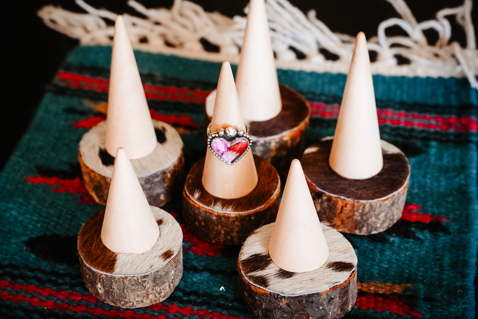 Handmade Cowhide Ring Cone Holder Set | Short & Tall Western Ring Display | The Legend Display Collection
