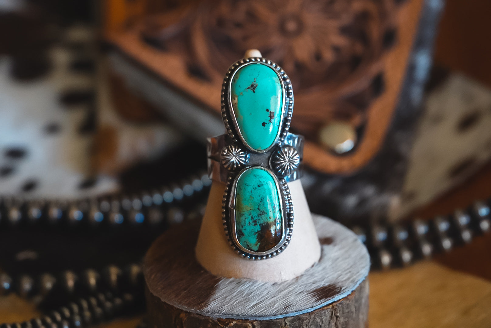 Handmade Sterling Silver Baja Turquoise Statement Ring | Double Stone Western Ring | Size 10.5