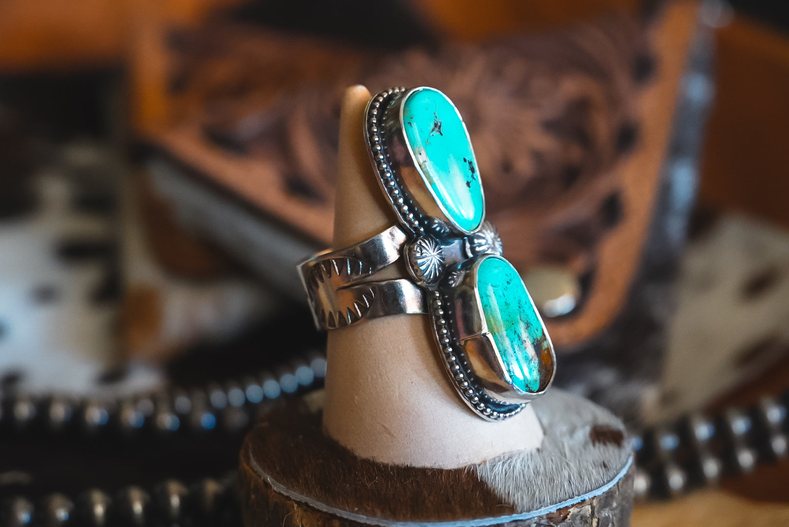 Handmade Sterling Silver Baja Turquoise Statement Ring | Double Stone Western Ring | Size 10.5