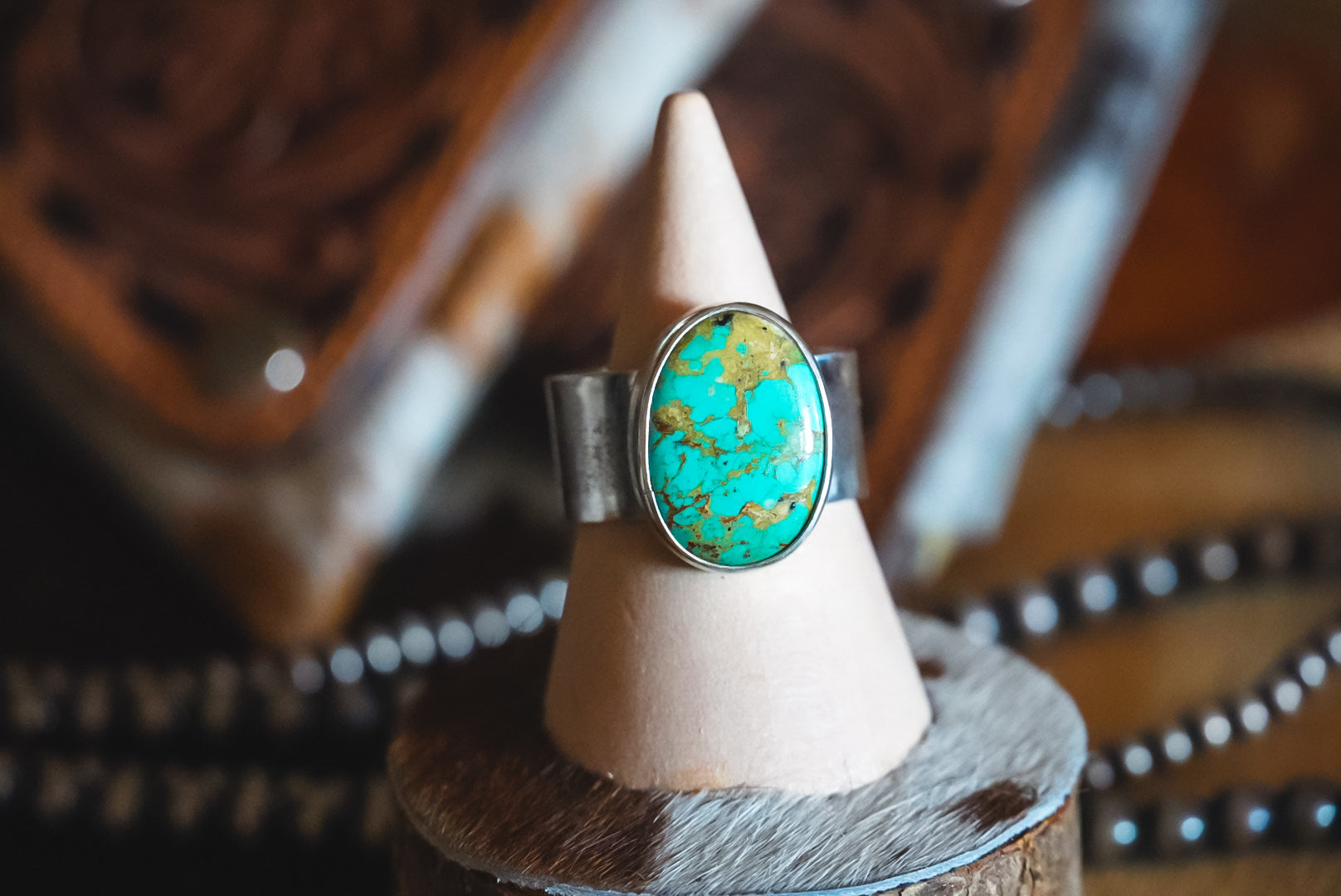 Handmade Sterling Silver Baja Turquoise Ring | Wide Textured Band | Size 11.25