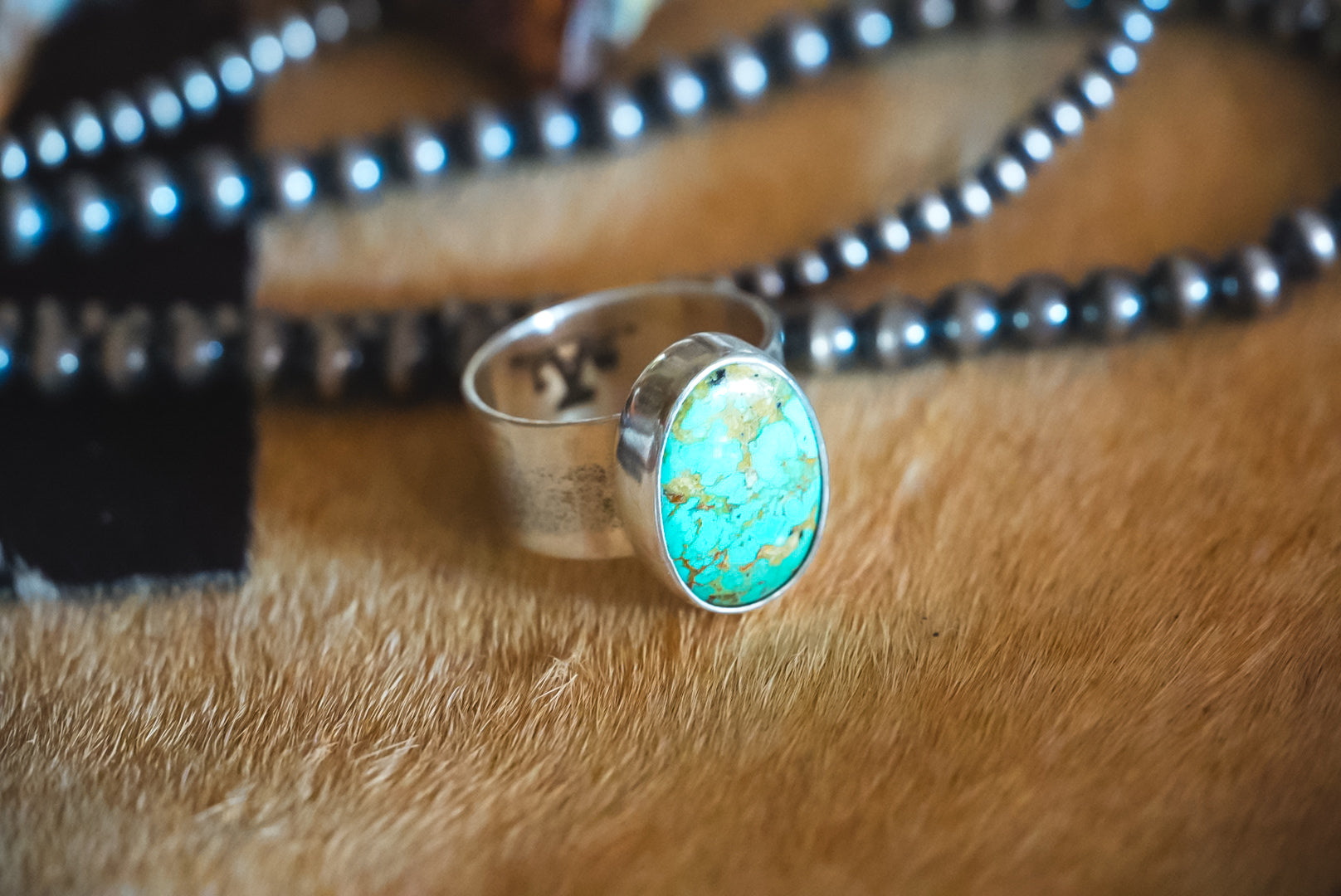 Handmade Sterling Silver Baja Turquoise Ring | Wide Textured Band | Size 11.25