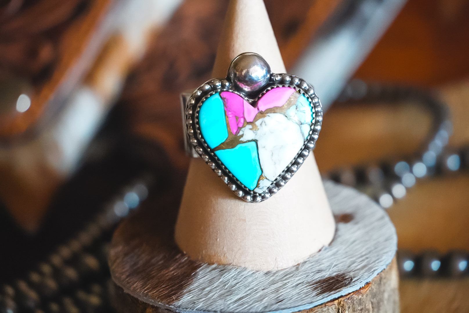 Handmade Sterling Silver Cotton Candy Dahlia Heart Ring | Western Stamped Adjustable Statement Ring