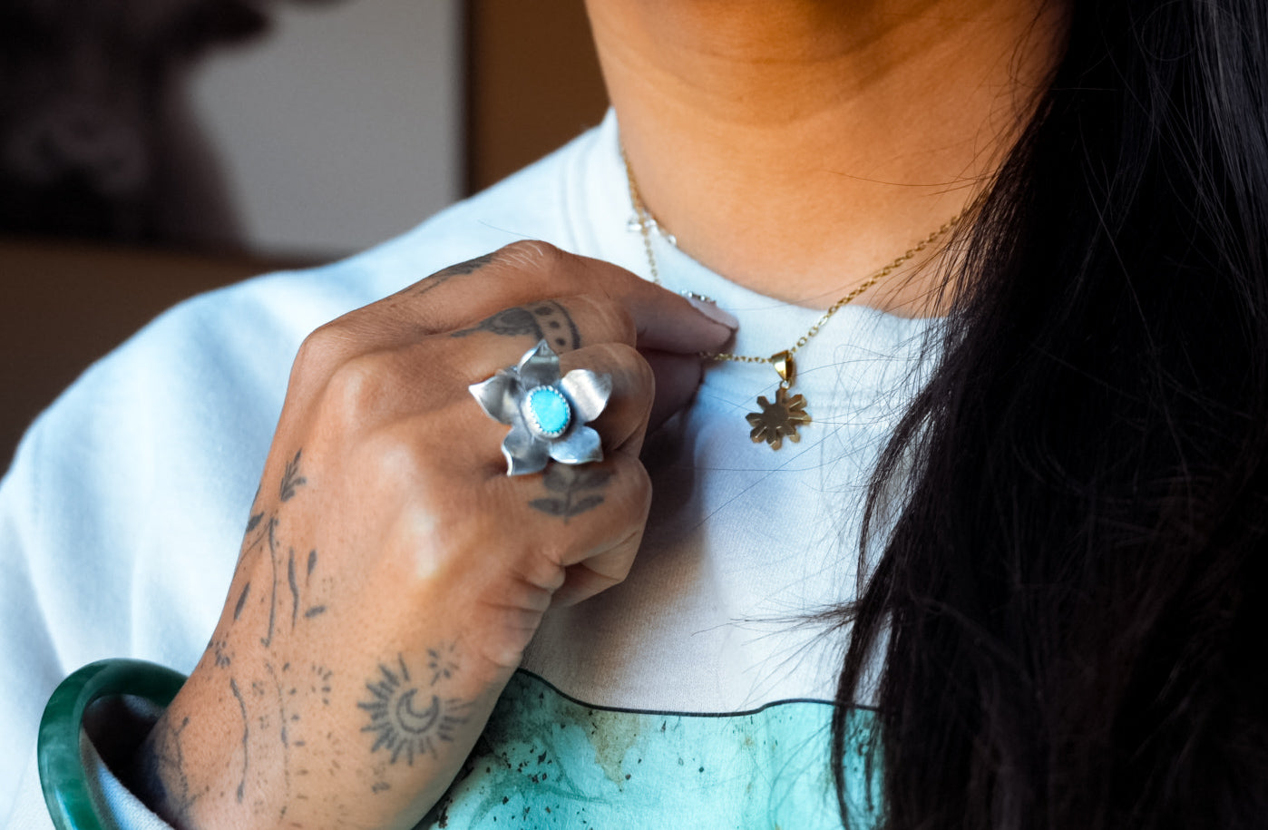 Custom Handmade Sterling Silver Sampaguita Flower Ring | Turquoise Filipino Heritage Statement Ring | Made to Order