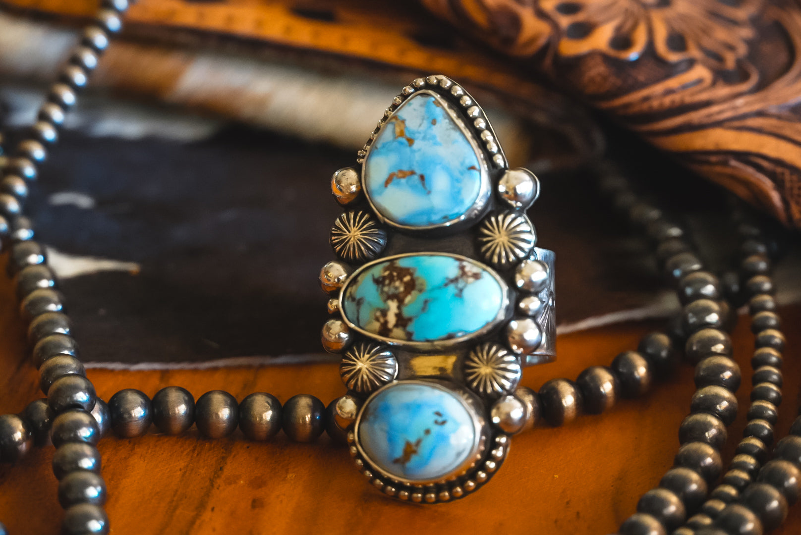 Handmade Sterling Silver Golden Hills Turquoise Ring | Heavy Three-Stone Western Statement Ring | Adjustable