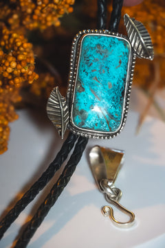Handmade Sterling Silver Kingman Turquoise Bolo Tie/Pendant | Floral Western Statement Bolo | 36"