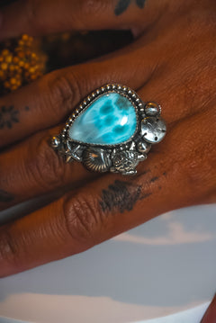 Heirloom Weight Handmade Sterling Silver Larimar Ring | Beach-Inspired Statement Ring | Size Adjustable
