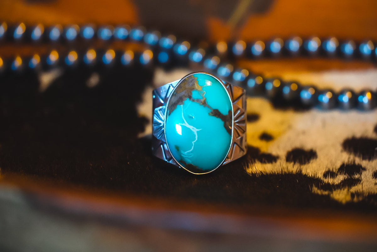 Size 11 | Heirloom Weight Handmade Sterling Silver Kingman Turquoise Ring | Hand-Stamped Unisex Western Ring