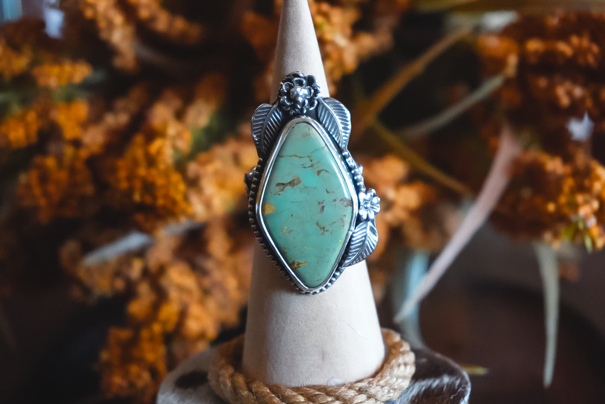 Size 7.25 | Heirloom Weight Handmade Sterling Silver No. 8 Turquoise Ring | Floral Western Statement Ring
