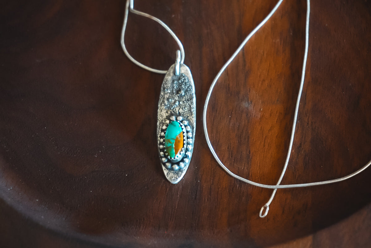 Heirloom Weight Handmade Sterling Silver Kingman Turquoise Necklace | 18" Snake Chain | Western Pendant Necklace