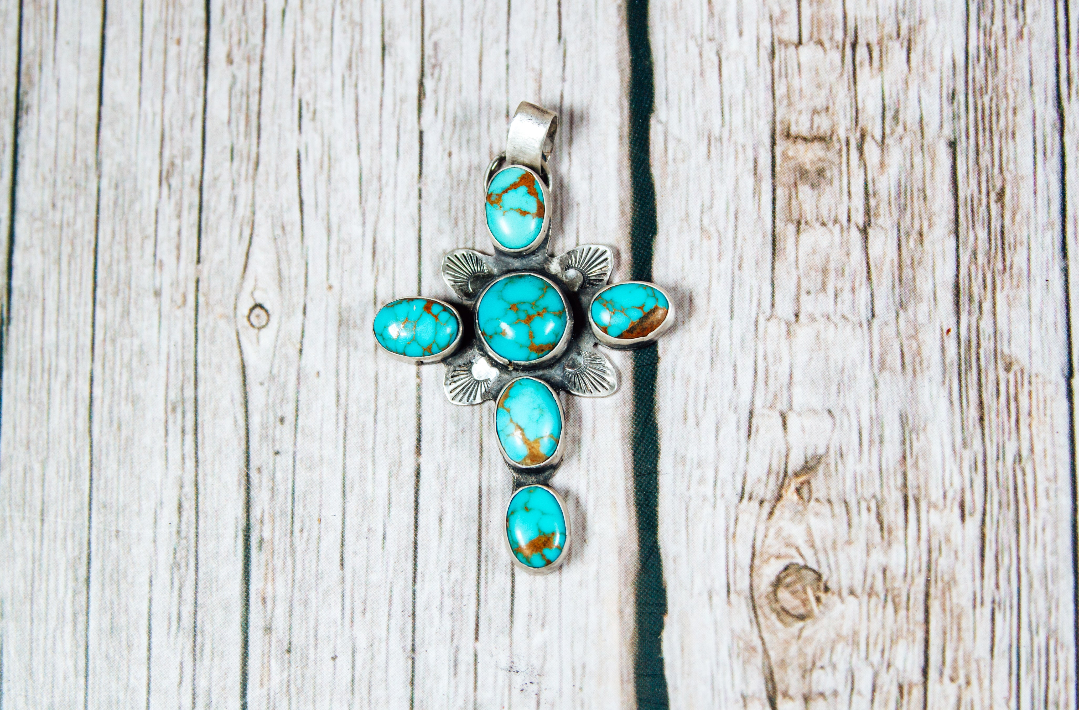 Handmade Sterling Silver Cross Pendant | Pilot Mountain Turquoise | LW Maker’s Mark