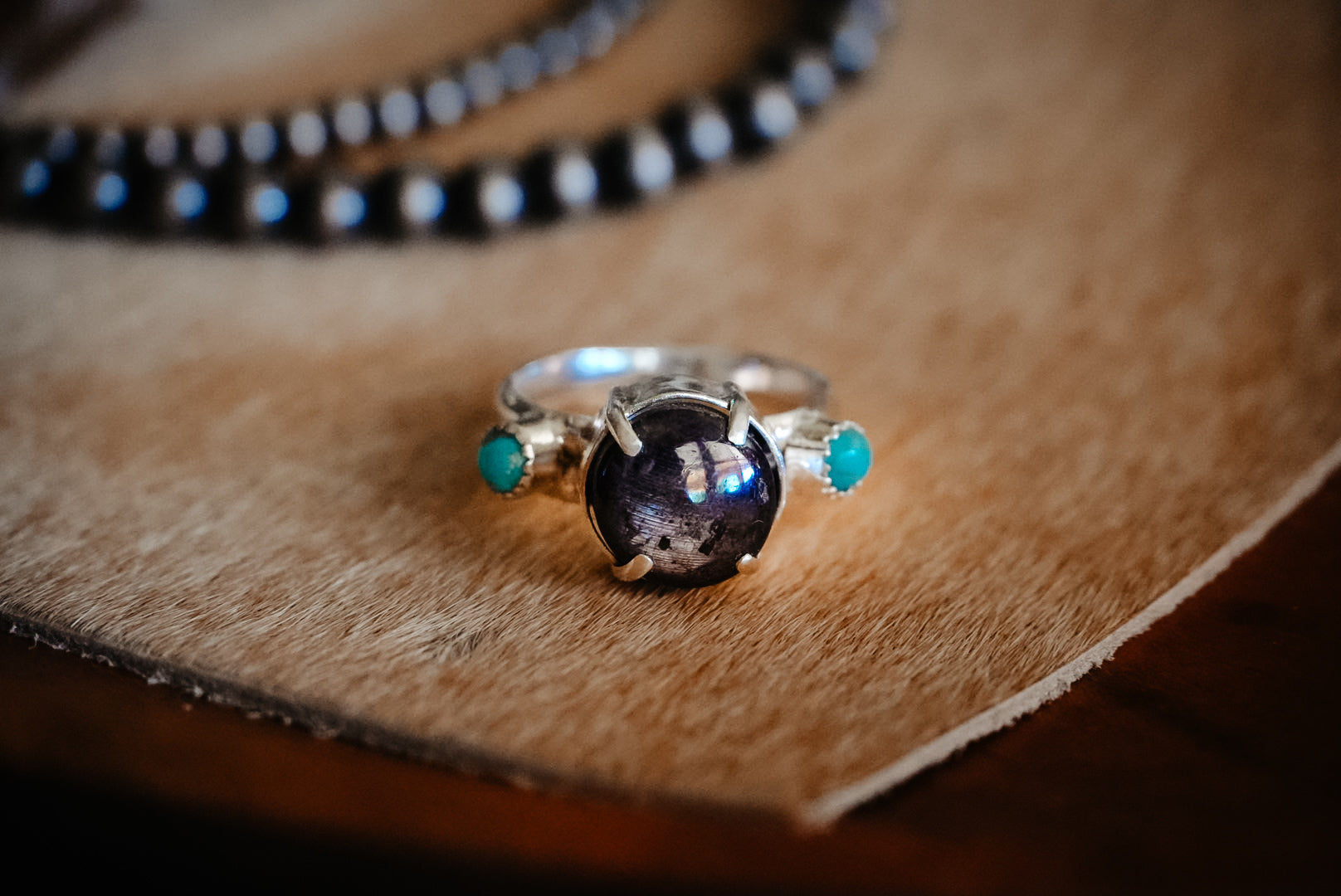 Handmade Sterling Silver Ring with Star Sapphire + Kingman Turquoise | Western Statement Ring | Size 8.5