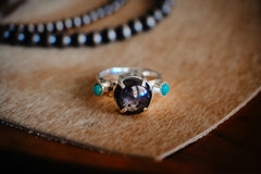 Handmade Sterling Silver Ring with Star Sapphire + Kingman Turquoise | Western Statement Ring | Size 8.5