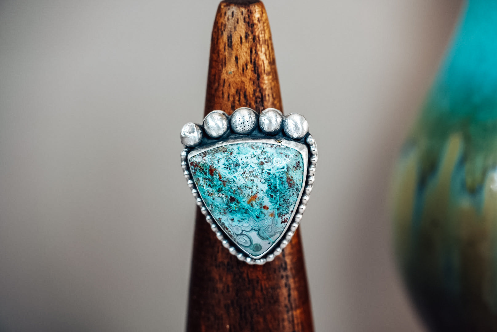 Handmade Sterling Silver Chrysocolla Agate Statement Ring | Adjustable Size