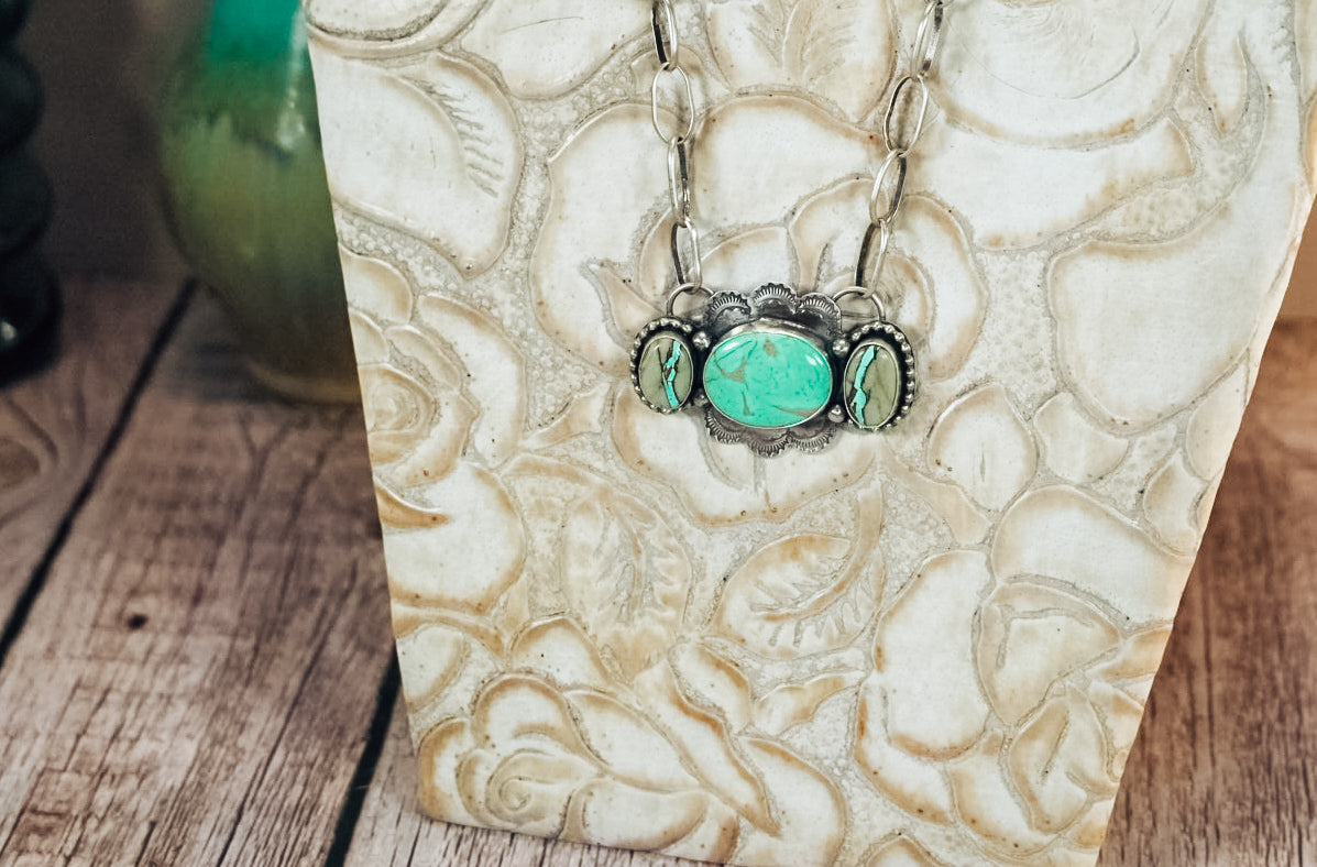 Handmade Sterling Silver Turquoise Necklace | Ribbon Royston & Royston Statement Necklace | 20" Chain