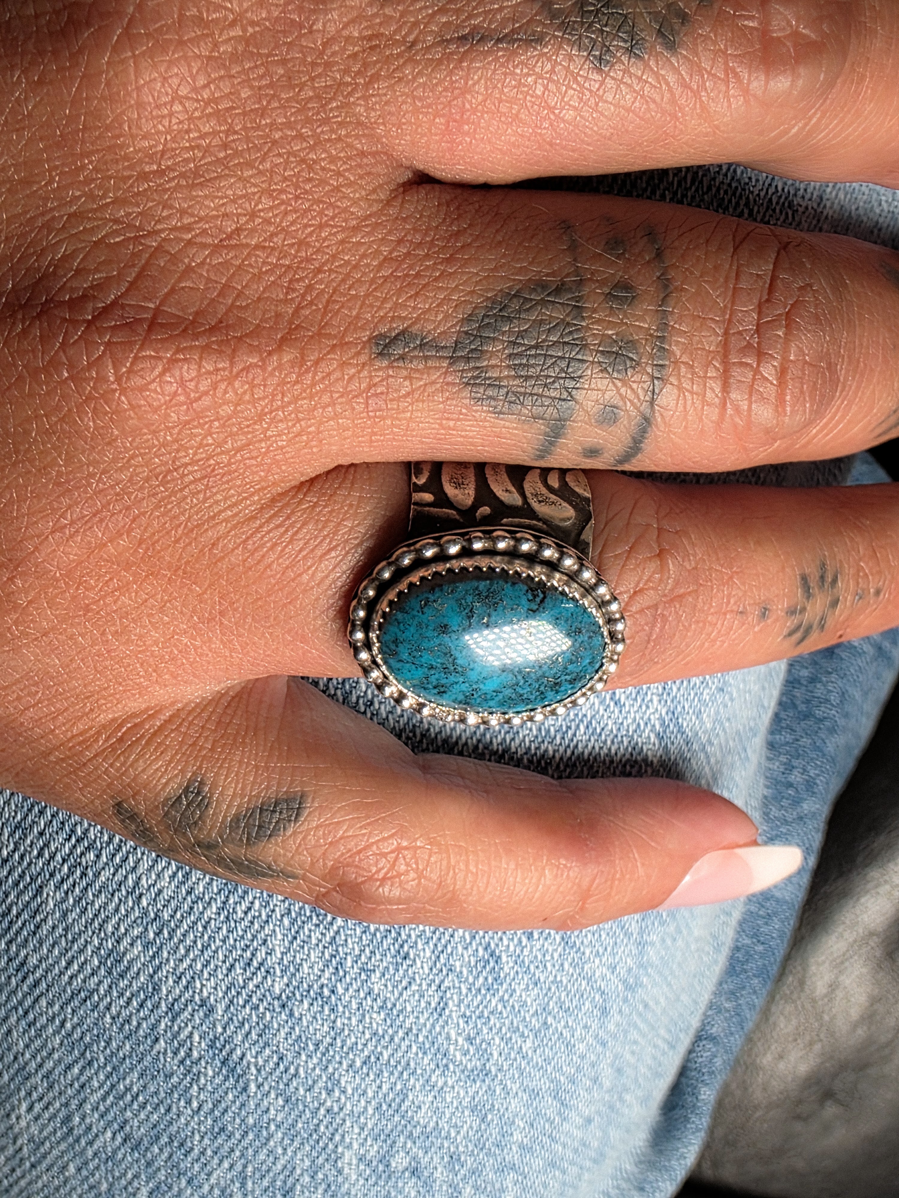 Blue Moon Turquoise Sterling Silver Cigar Ring size 6.75