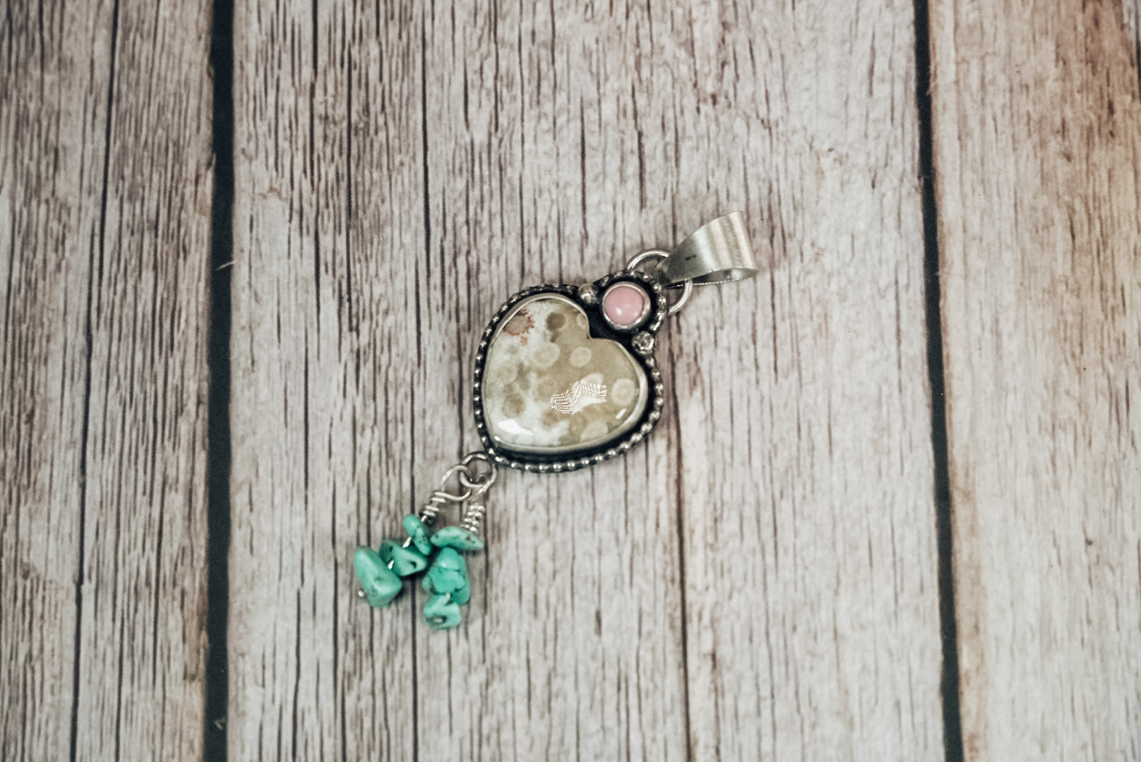 Handmade Sterling Silver Fossilized Coral Heart Pendant with Pink Conch & Kingman Turquoise Dangles