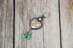 Handmade Sterling Silver Fossilized Coral Heart Pendant with Pink Conch & Kingman Turquoise Dangles