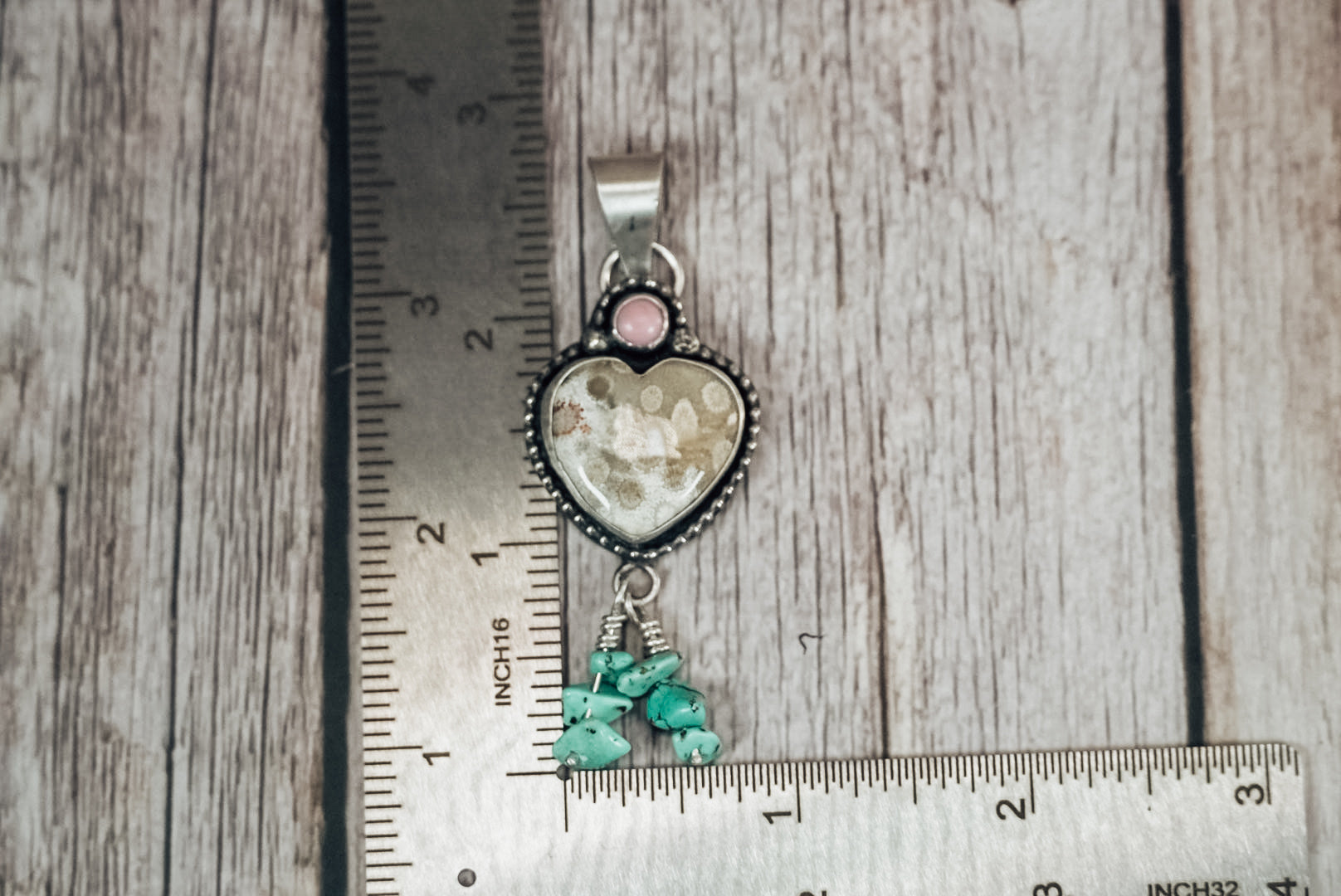 Handmade Sterling Silver Fossilized Coral Heart Pendant with Pink Conch & Kingman Turquoise Dangles