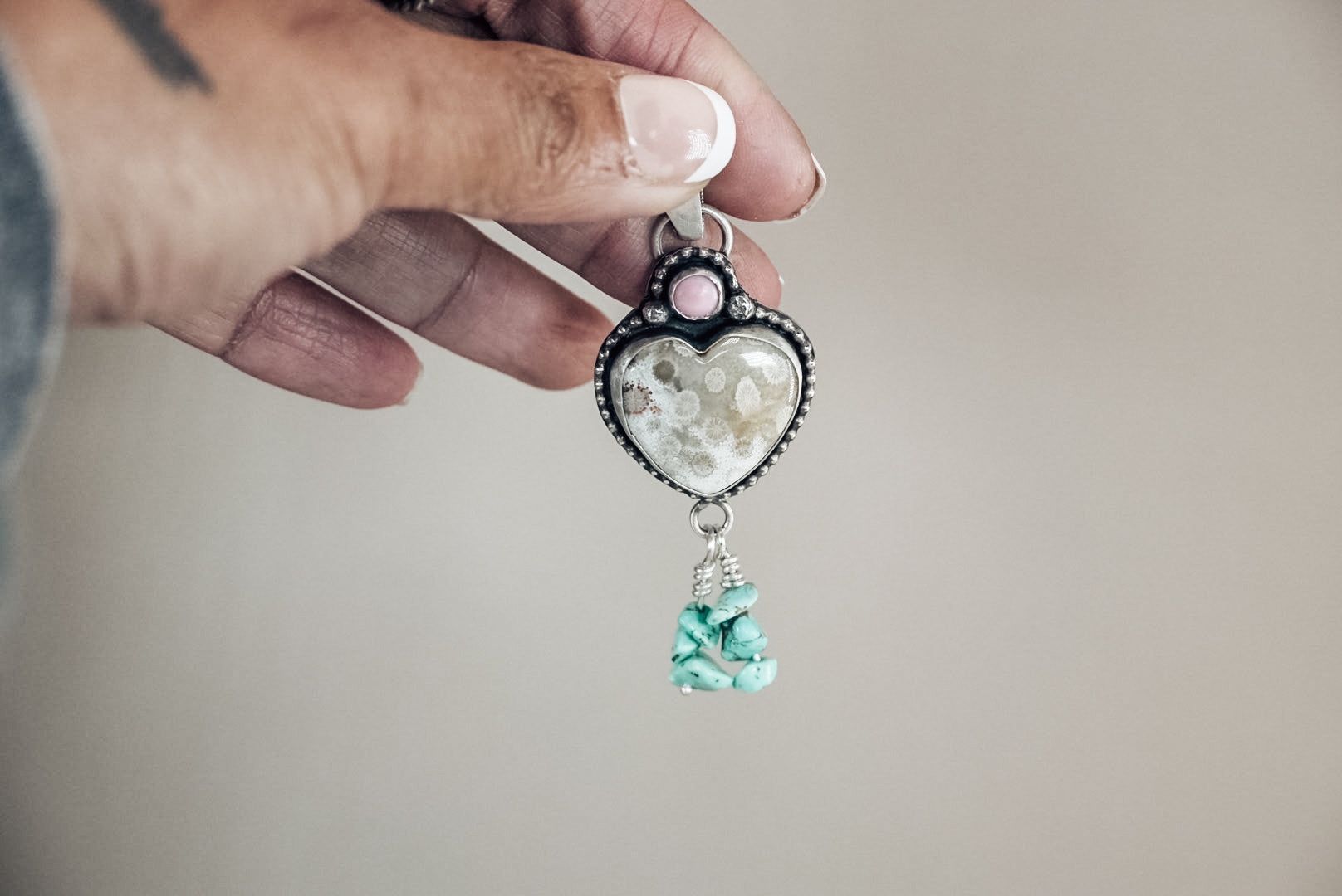 Handmade Sterling Silver Fossilized Coral Heart Pendant with Pink Conch & Kingman Turquoise Dangles
