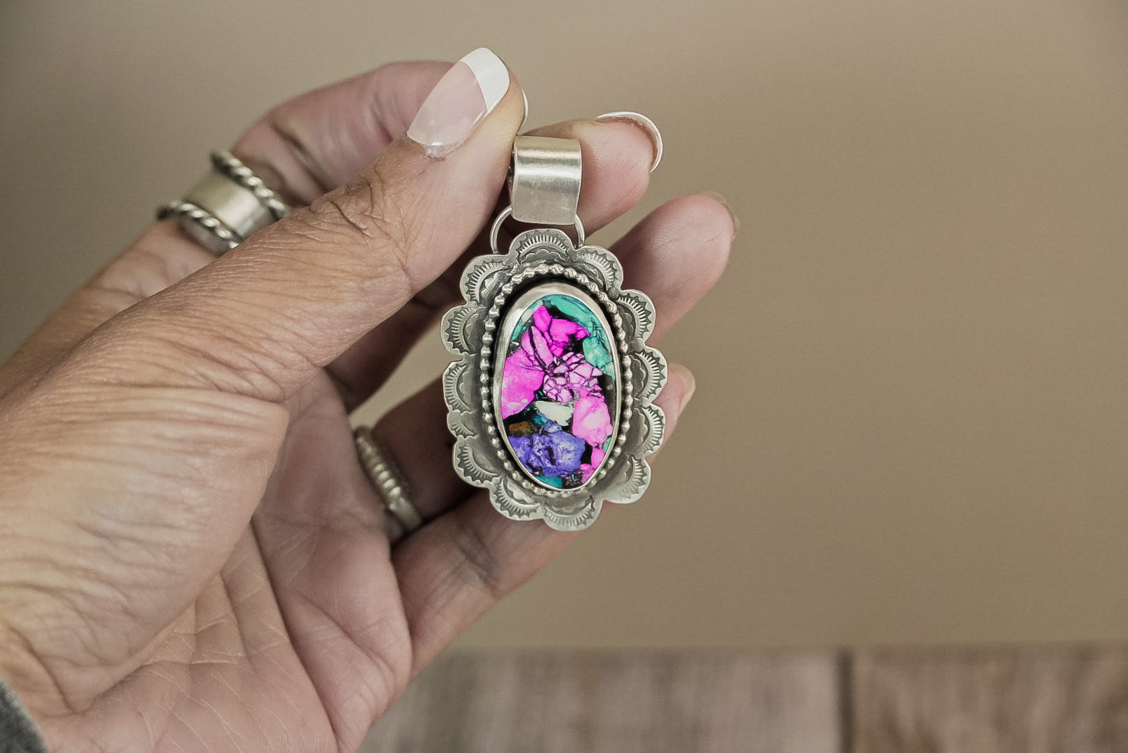 Handmade Sterling Silver Carnival Cotton Candy Composite Stone Pendant | Southwestern Statement Pendant