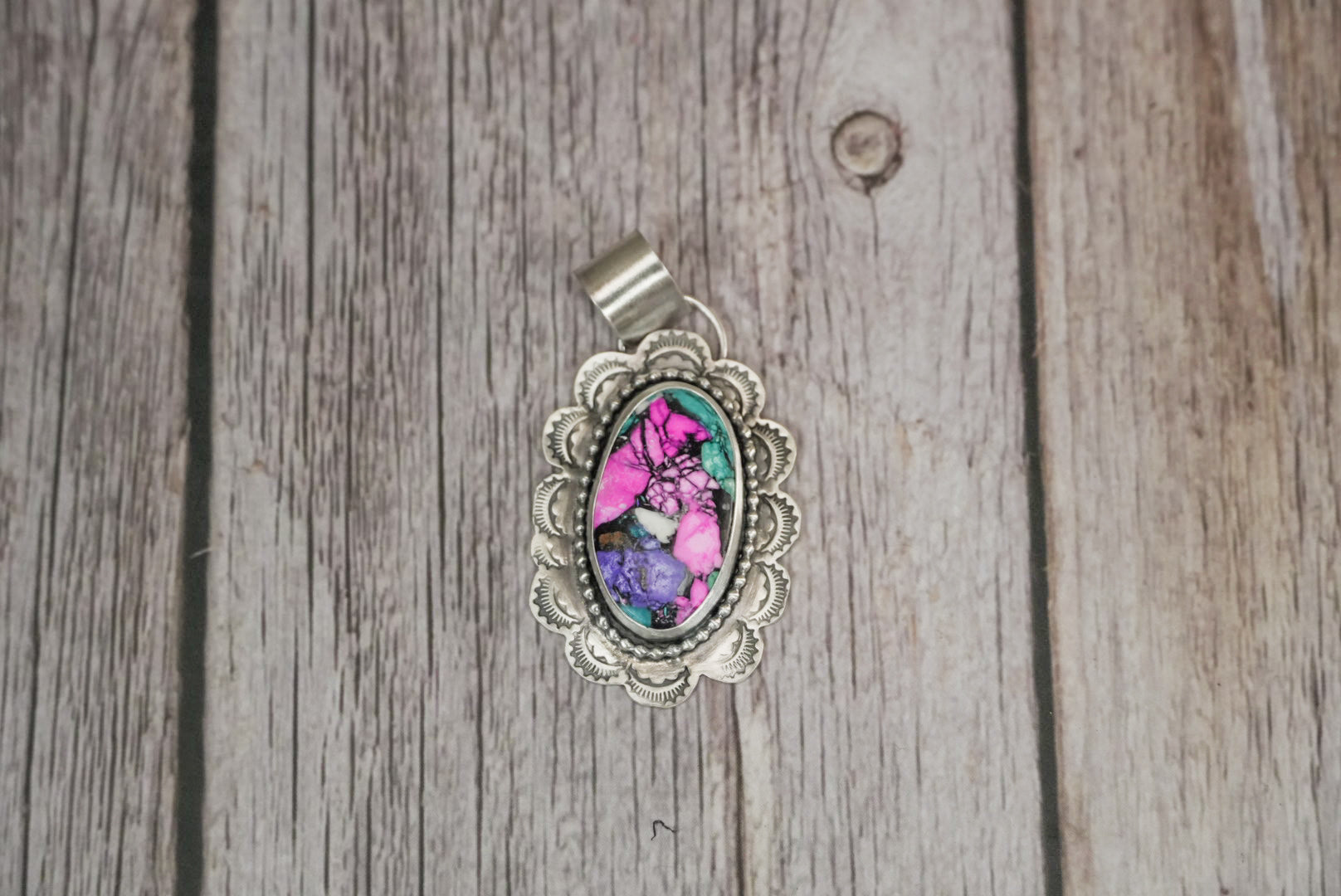 Handmade Sterling Silver Carnival Cotton Candy Composite Stone Pendant | Southwestern Statement Pendant