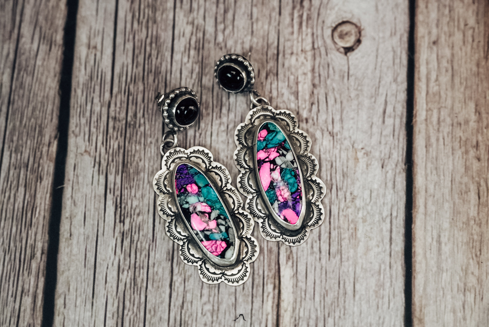 Handmade Sterling Silver Carnival Cotton Candy & Black Onyx Stud Earrings | Statement Dangle Earrings