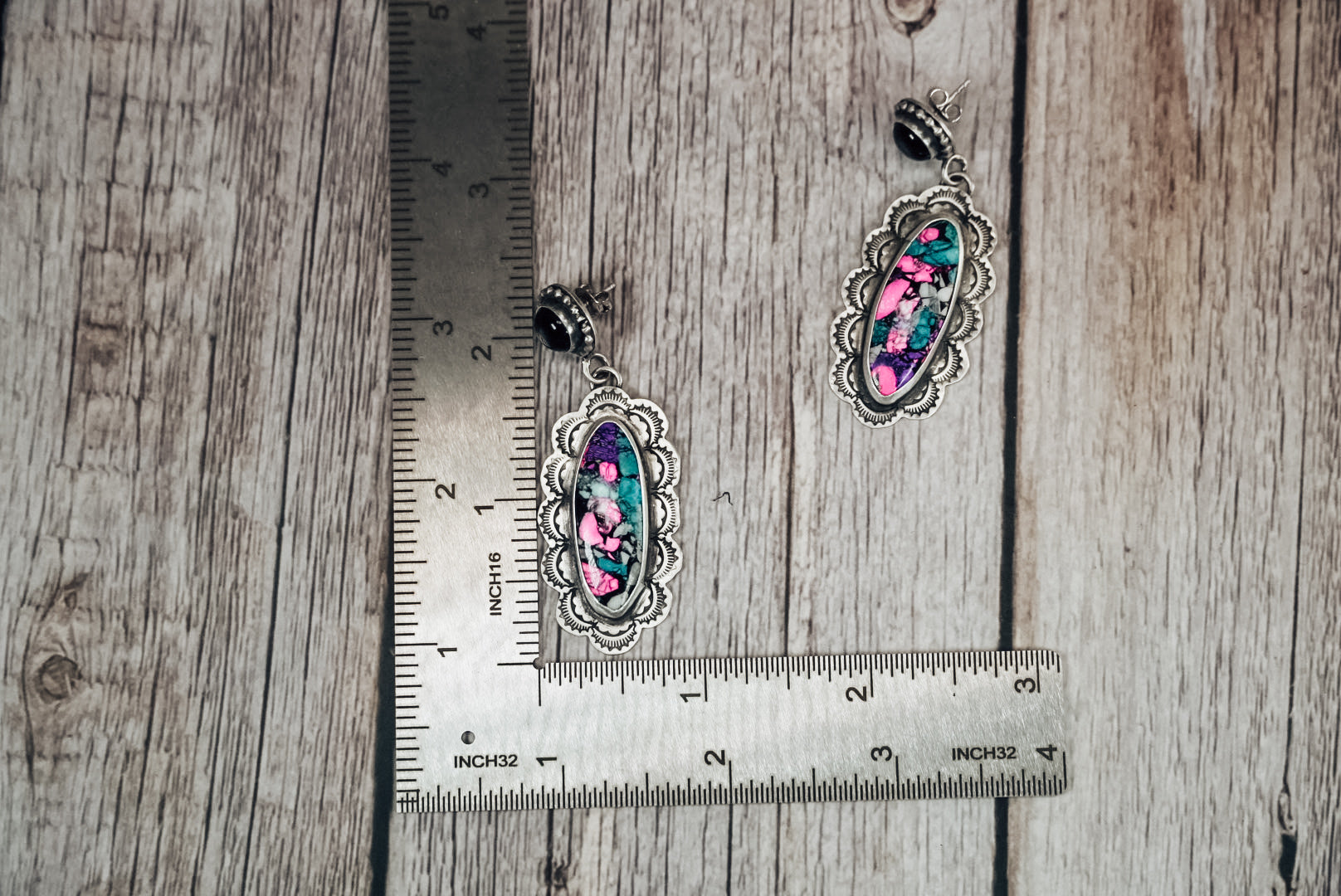 Handmade Sterling Silver Carnival Cotton Candy & Black Onyx Stud Earrings | Statement Dangle Earrings