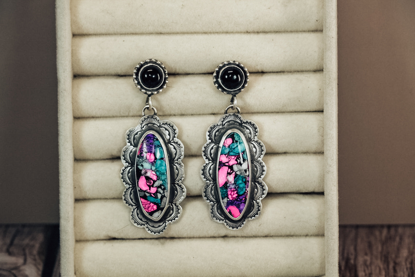 Handmade Sterling Silver Carnival Cotton Candy & Black Onyx Stud Earrings | Statement Dangle Earrings