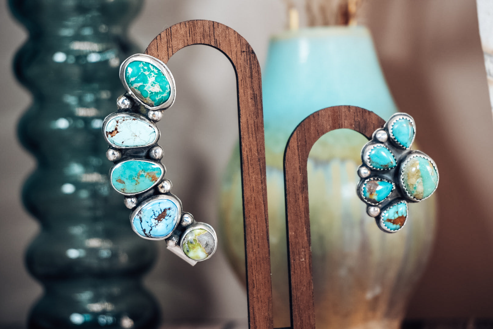 Handmade Sterling Silver Turquoise Ear Crawler & Stud Set | Variscite, Royston, Kingman & Golden Hills