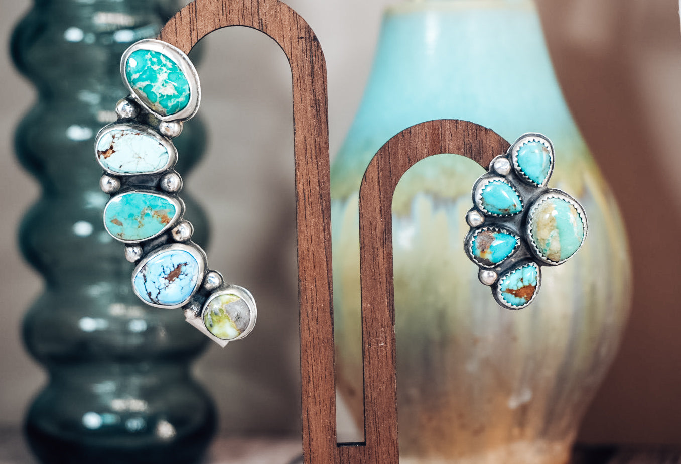 Handmade Sterling Silver Turquoise Ear Crawler & Stud Set | Variscite, Royston, Kingman & Golden Hills