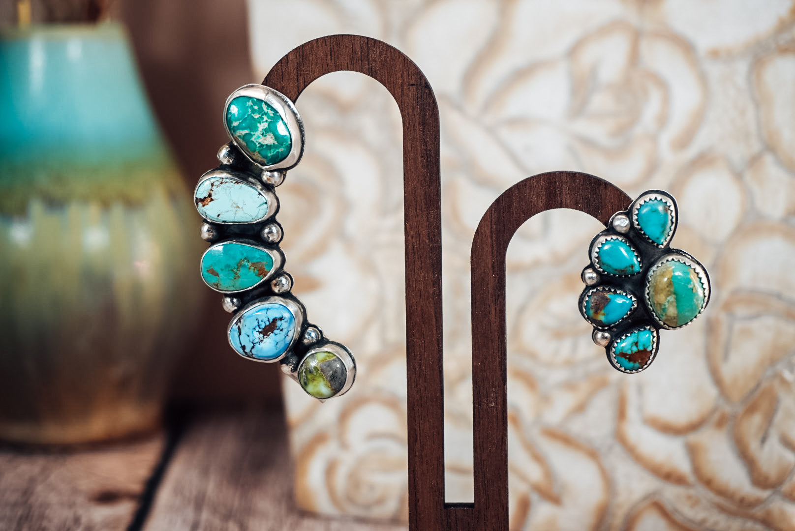 Handmade Sterling Silver Turquoise Ear Crawler & Stud Set | Variscite, Royston, Kingman & Golden Hills