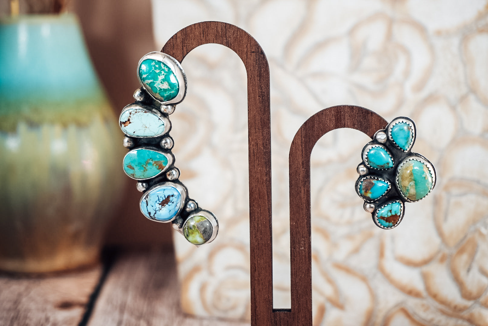 Handmade Sterling Silver Turquoise Ear Crawler & Stud Set | Variscite, Royston, Kingman & Golden Hills