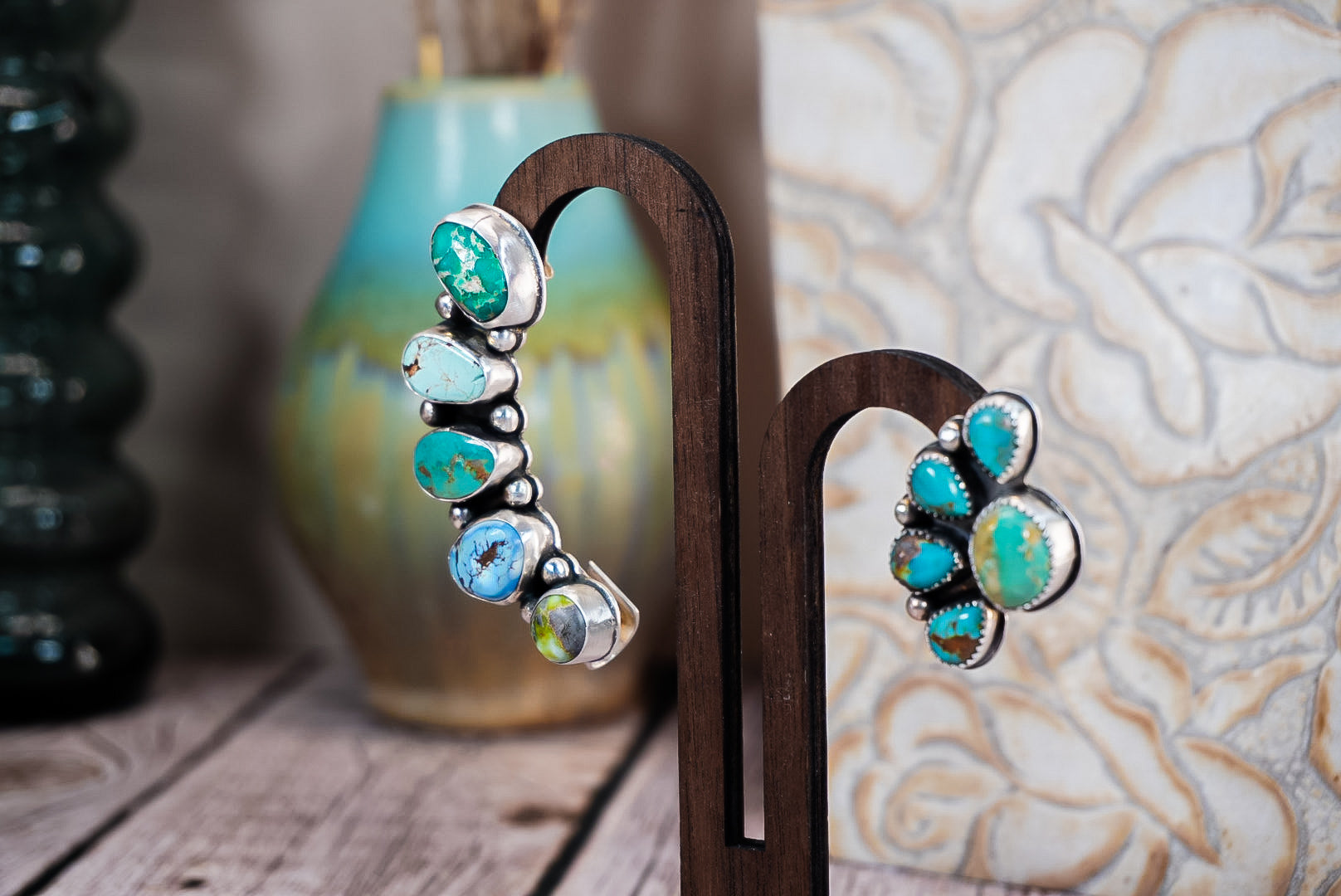 Handmade Sterling Silver Turquoise Ear Crawler & Stud Set | Variscite, Royston, Kingman & Golden Hills