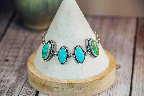 Handmade Sterling Silver Turquoise Bracelet with Royston & Kingman Turquoise | Handmade Chain | 5.75"