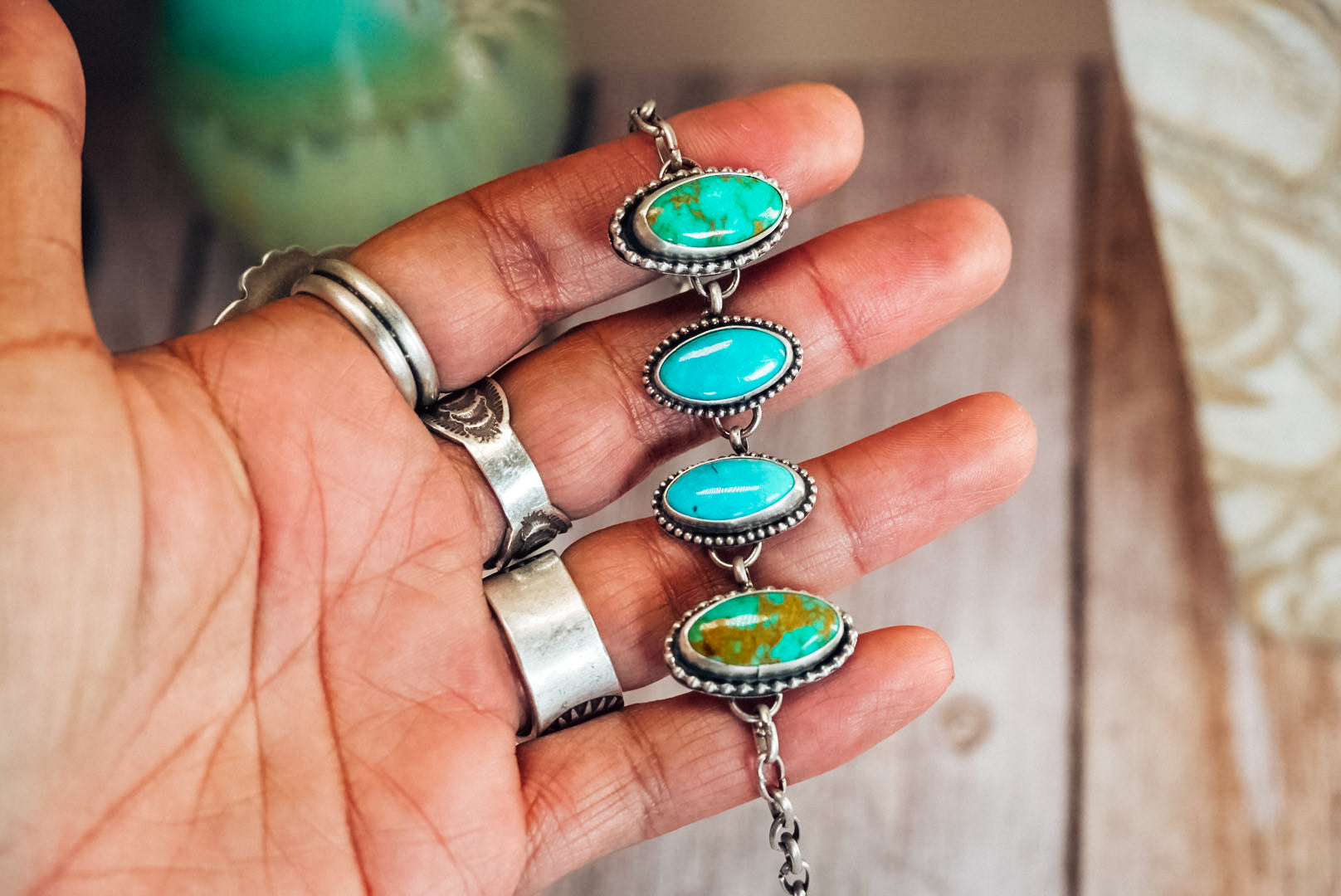 Handmade Sterling Silver Turquoise Bracelet with Royston & Kingman Turquoise | Handmade Chain | 5.75"