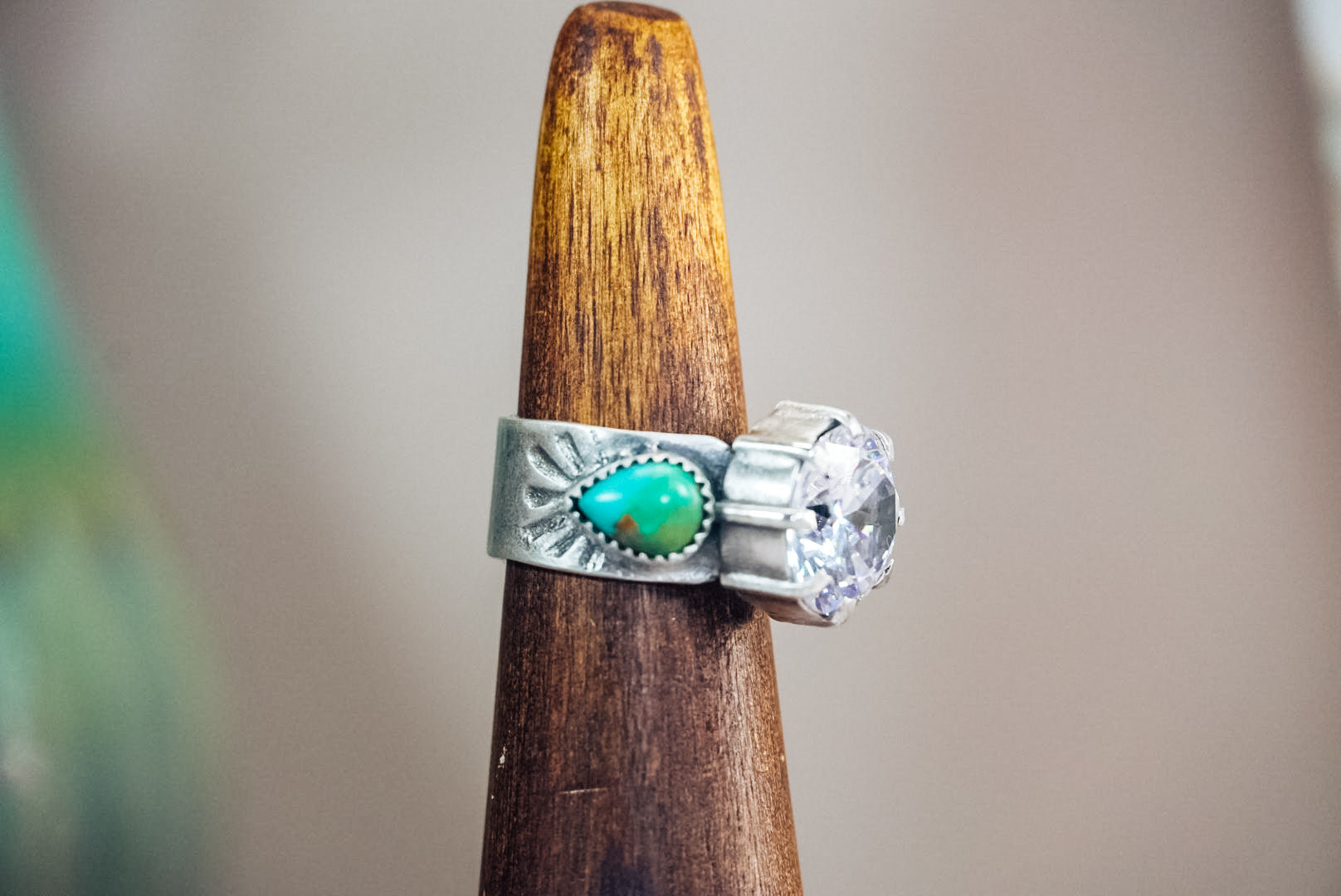 Handmade Sterling Silver Ring with CZ & Kingman Turquoise | Western Statement Ring | Size 5.75