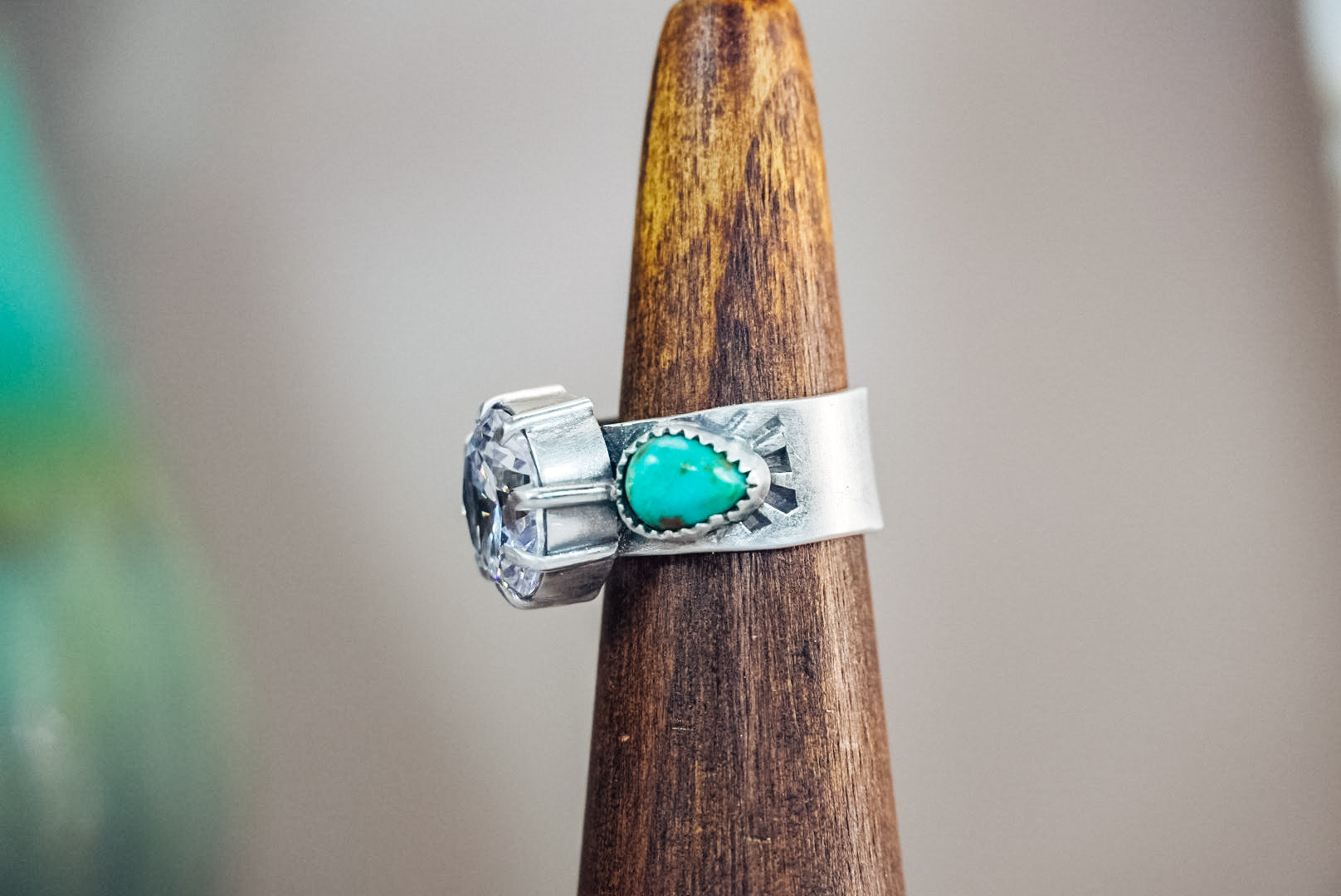 Handmade Sterling Silver Ring with CZ & Kingman Turquoise | Western Statement Ring | Size 5.75