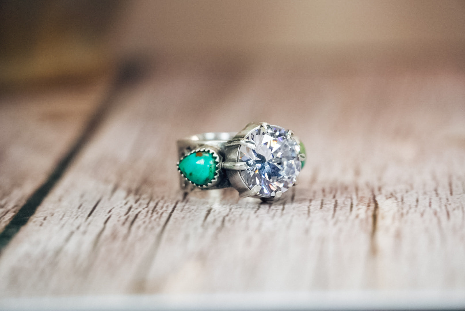 Handmade Sterling Silver Ring with CZ & Kingman Turquoise | Western Statement Ring | Size 5.75