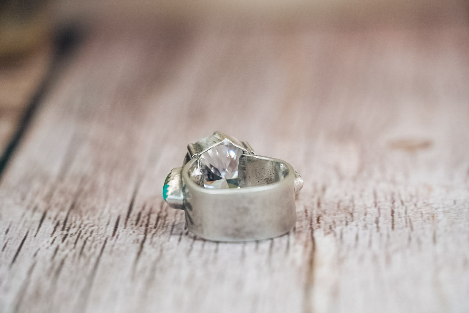 Handmade Sterling Silver Ring with CZ & Kingman Turquoise | Western Statement Ring | Size 5.75