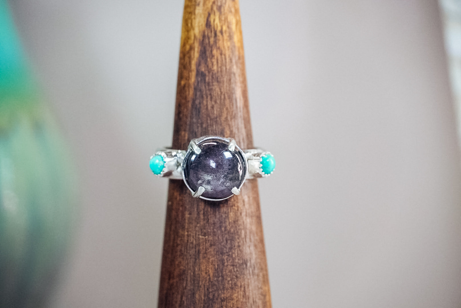 Handmade Sterling Silver Ring with Star Sapphire + Kingman Turquoise | Western Statement Ring | Size 8.5