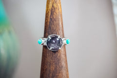 Handmade Sterling Silver Ring with Star Sapphire + Kingman Turquoise | Western Statement Ring | Size 8.5