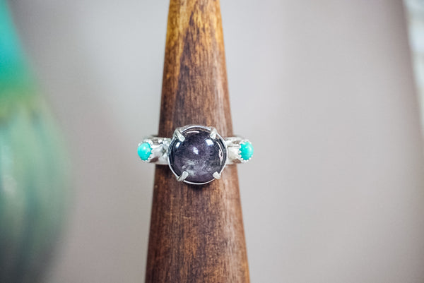 Handmade Sterling Silver Ring with Star Sapphire + Kingman Turquoise | Western Statement Ring | Size 8.5